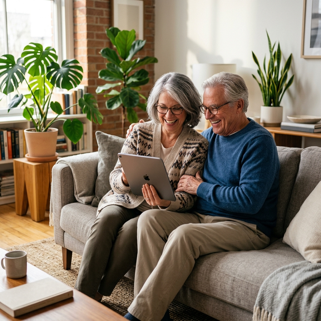 태블릿을 즐겁게 사용하는 시니어 커플